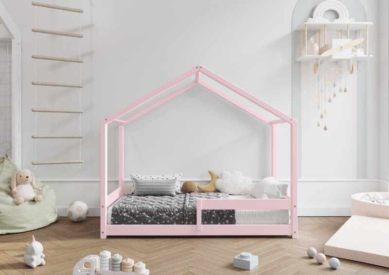 HUFFIE drewniane łóżko dziecięce domek z barierkami poziomymi niskie
