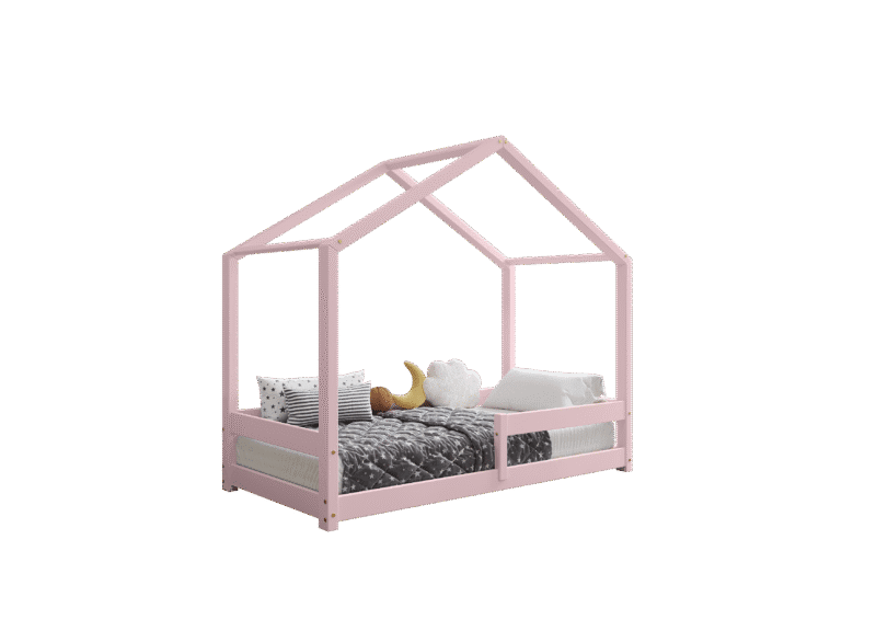 HUFFIE drewniane łóżko dziecięce domek z barierkami poziomymi niskie