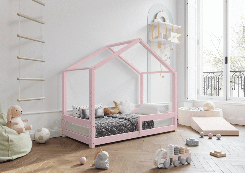 HUFFIE drewniane łóżko dziecięce domek z barierkami poziomymi niskie