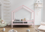 HUFFIE  drewniane łóżko dziecięce domek z poziomymi barierkami wysokie