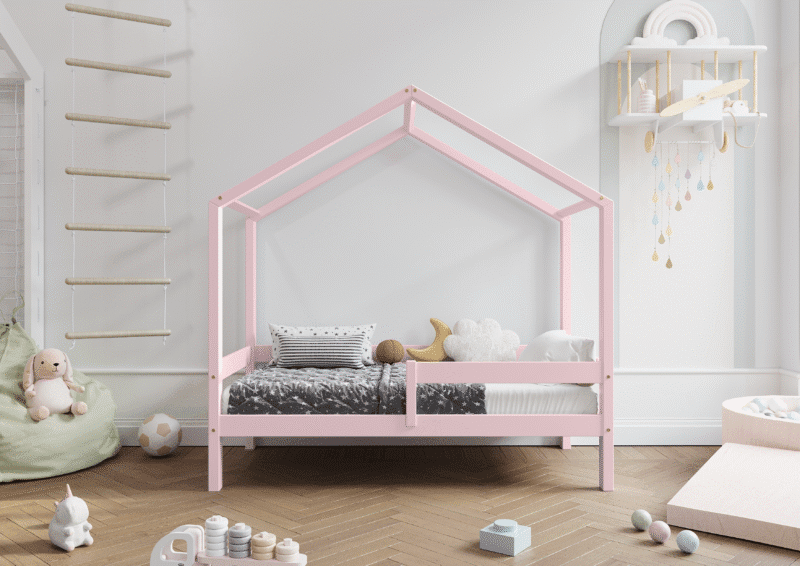 HUFFIE  drewniane łóżko dziecięce domek z poziomymi barierkami wysokie