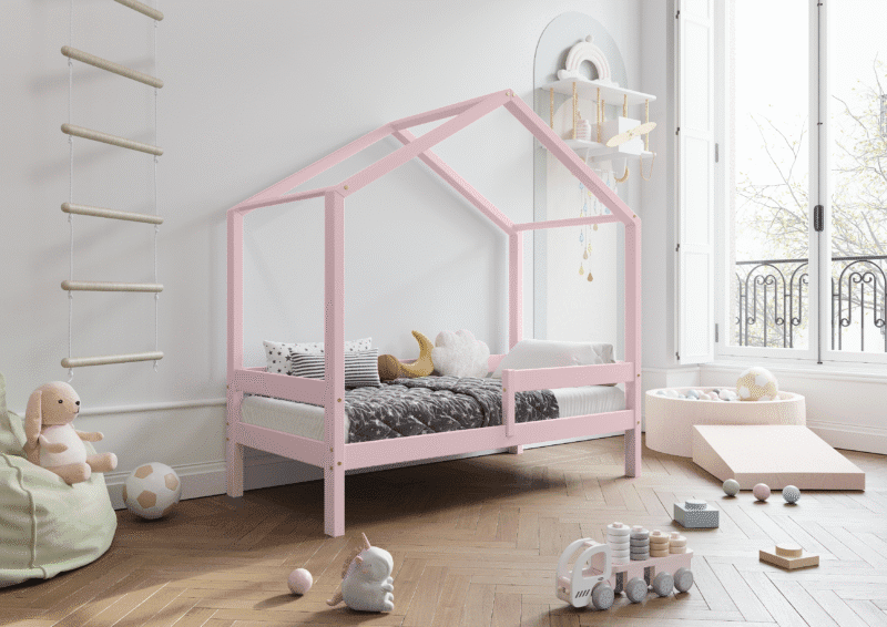HUFFIE  drewniane łóżko dziecięce domek z poziomymi barierkami wysokie
