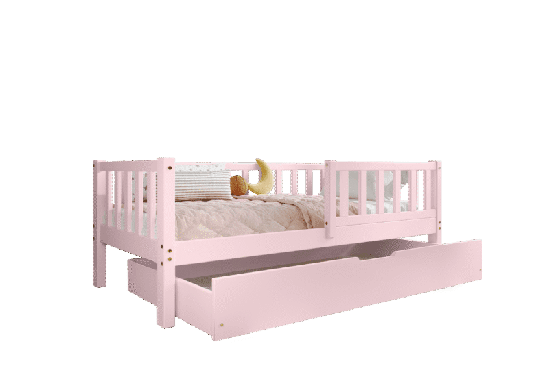 LENA klasyczne drewniane łóżko dziecięce z prostokątnymi szczebelkami i szufladą na pościel