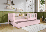 LENA klasyczne drewniane łóżko dziecięce z prostokątnymi szczebelkami i szufladą na pościel