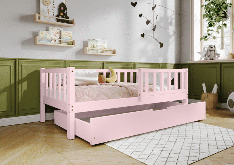 LENA klasyczne drewniane łóżko dziecięce z prostokątnymi szczebelkami i szufladą na pościel