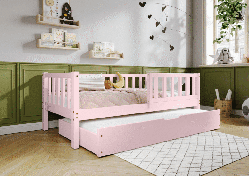 LENA klasyczne drewniane łóżko dziecięce z barierkami płotek i szufladą z funkcją spania