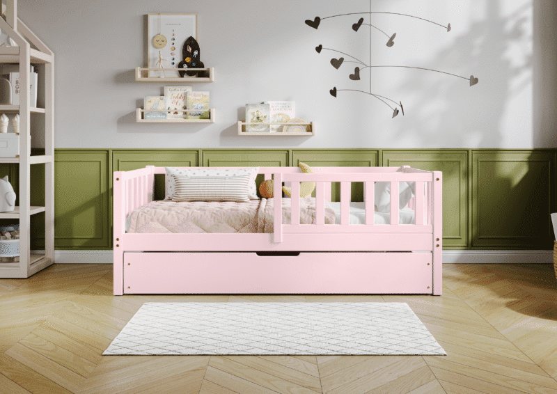 LENA klasyczne drewniane łóżko dziecięce z barierkami płotek i szufladą z funkcją spania