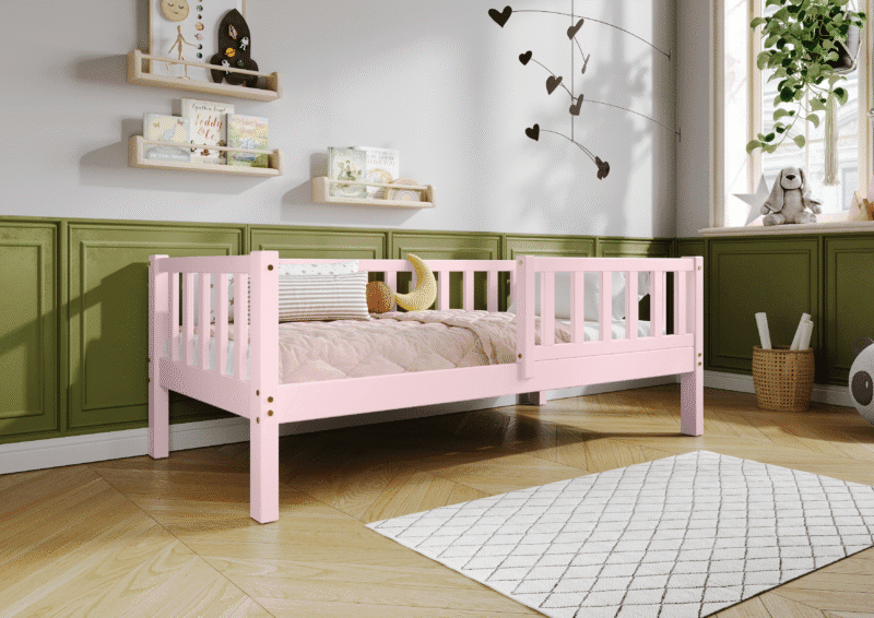 LENA drewniane łóżko dziecięce klasyczne z prostokątnymi szczebelkami wysokie
