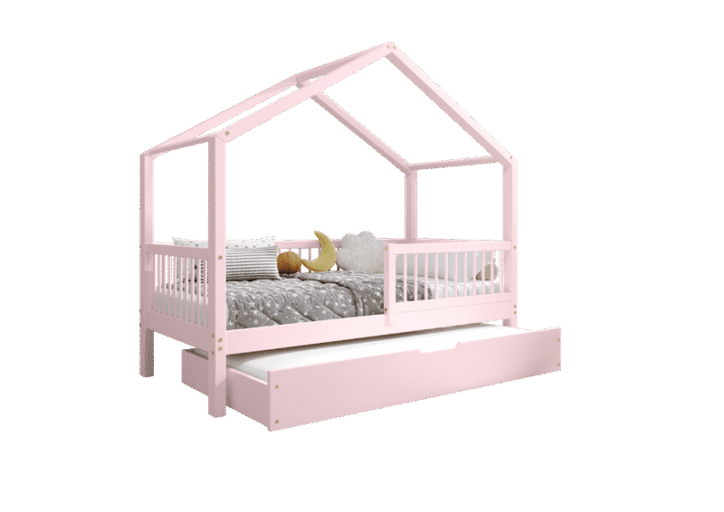 MURLO klasyczne drewniane łóżko dziecięce z okrągłymi szczebelkami i szufladą z funkcją spania