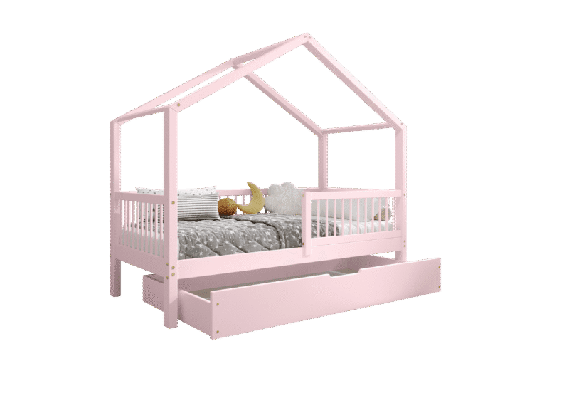 MURLO klasyczne drewniane łóżko dziecięce z okrągłymi szczebelkami i szufladą na pościel