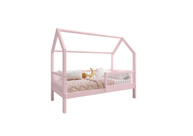 ZOJA drewniane łóżko dziecięce domek z okrągłymi drążkami wysokie