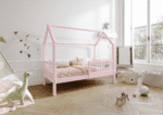 ZOJA drewniane łóżko dziecięce domek z okrągłymi drążkami wysokie