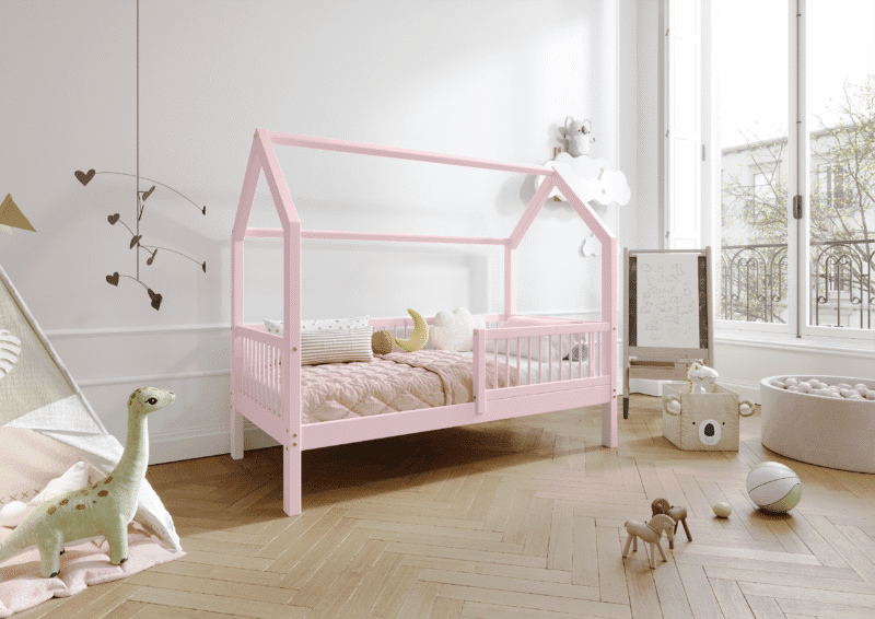 ZOJA drewniane łóżko dziecięce domek z okrągłymi drążkami wysokie