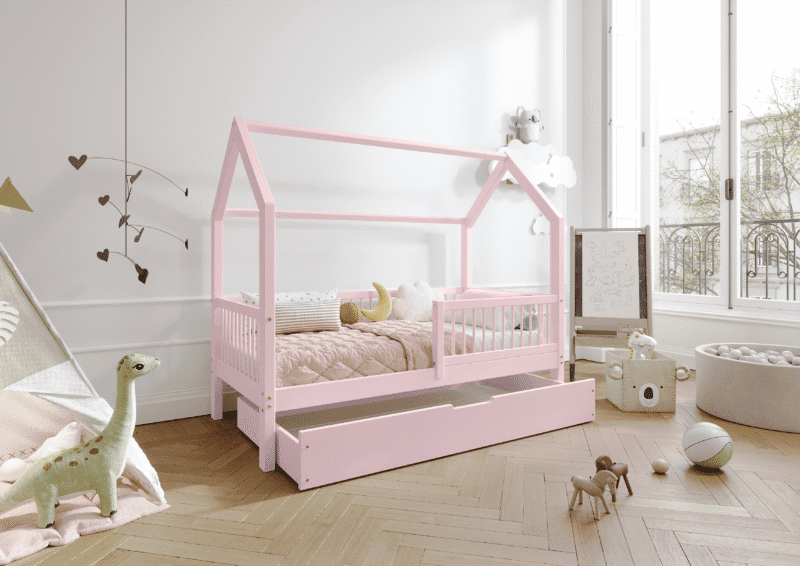 ZOJA drewniane łóżko domek dziecięce z okrągłymi szczebelkami i szufladą na pościel