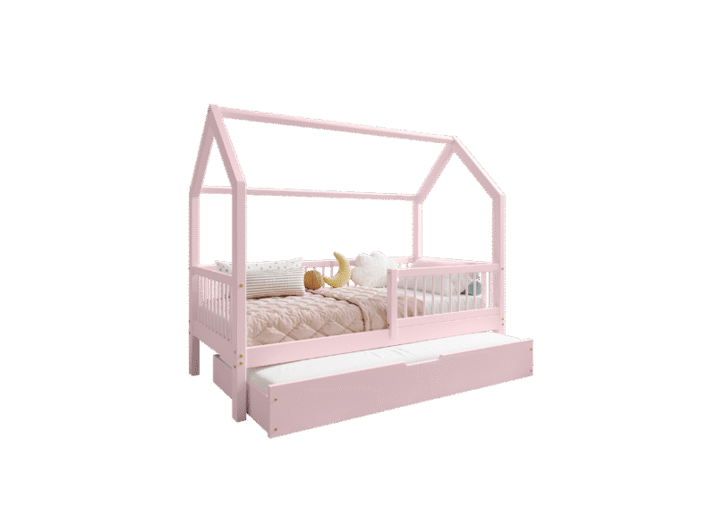 ZOJA drewniane łóżko domek dziecięce z okrągłymi szczebelkami i szufladą z funkcją spania