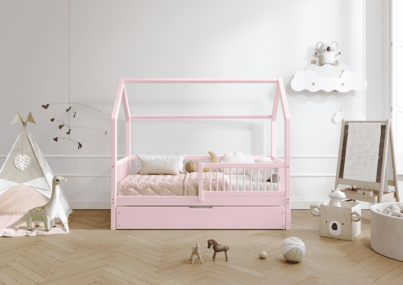 ZOJA drewniane łóżko domek dziecięce z okrągłymi szczebelkami i szufladą z funkcją spania