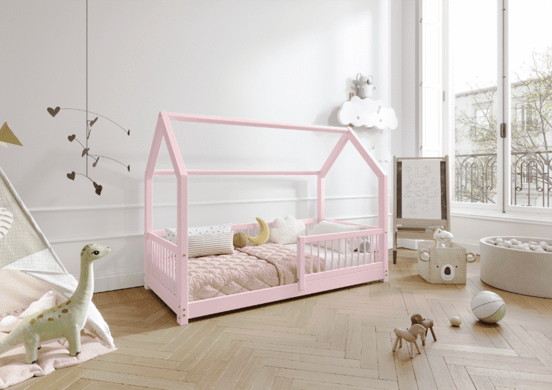 ZOJA drewniane łóżko dziecięce domek z okrągłymi drążkami niskie