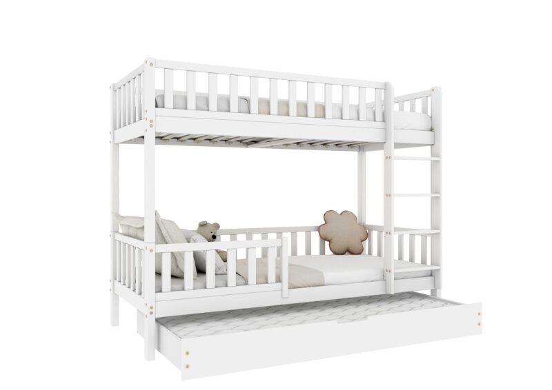 Karo drewniane łóżko piętrowe potrójne z dodatkowym spaniem w szufladzie