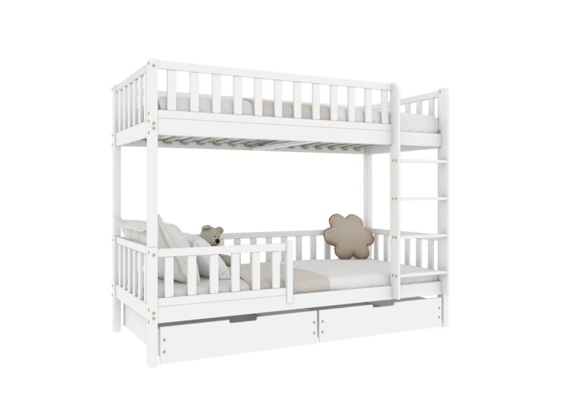 Karo drewniane łóżko piętrowe z barierkami płotek i szufladami na pościel