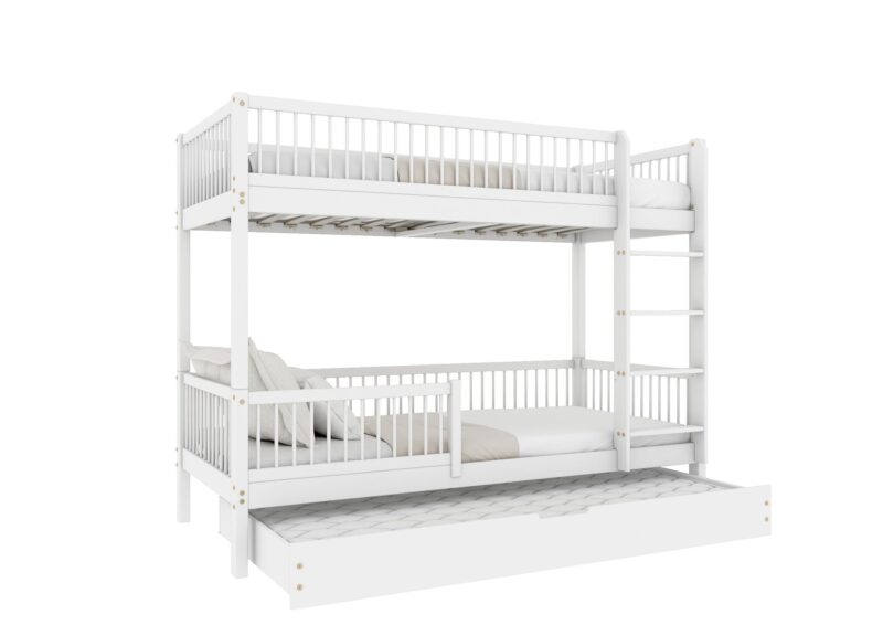 MOLLY DUO drewniane łóżko piętrowe z okrągłymi szczebelkami i szufladą z dodatkowym spaniem