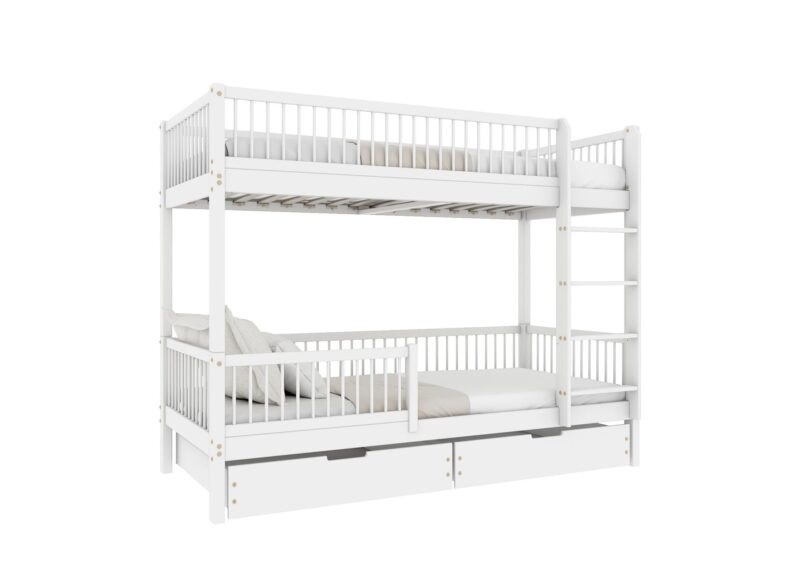 MOLLY BOX drewniane łóżko piętrowe z okrągłymi szczebelkami i szufladami na pościel