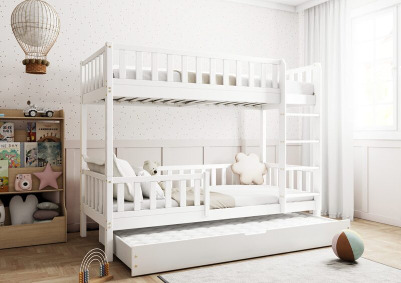 Karo drewniane łóżko piętrowe potrójne z dodatkowym spaniem w szufladzie