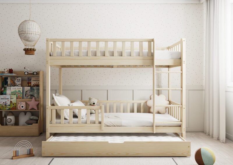 Karo drewniane łóżko piętrowe potrójne z dodatkowym spaniem w szufladzie