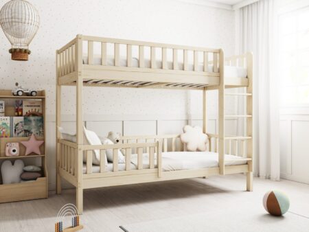 Karo drewniane łóżko piętrowe z barierkami płotek wysokie