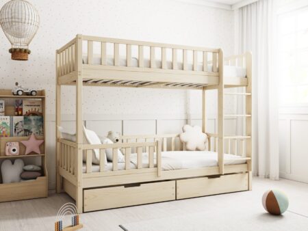 Karo drewniane łóżko piętrowe z barierkami płotek i szufladami na pościel