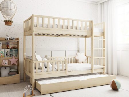 Karo drewniane łóżko piętrowe potrójne z dodatkowym spaniem w szufladzie