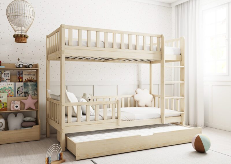 Karo drewniane łóżko piętrowe potrójne z dodatkowym spaniem w szufladzie