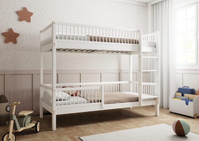 Molly drewniane łóżko piętrowe z okrągłymi szczebelkami na wysokich nogach