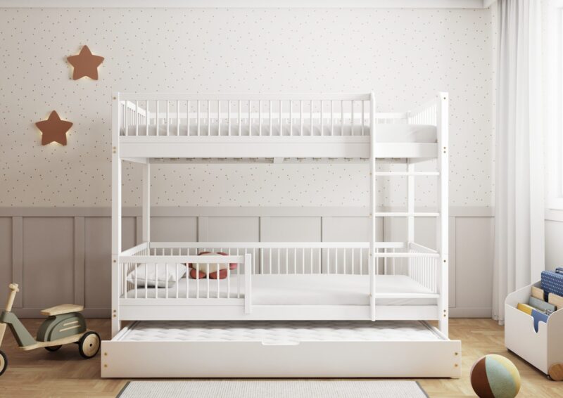 MOLLY DUO drewniane łóżko piętrowe z okrągłymi szczebelkami i szufladą z dodatkowym spaniem