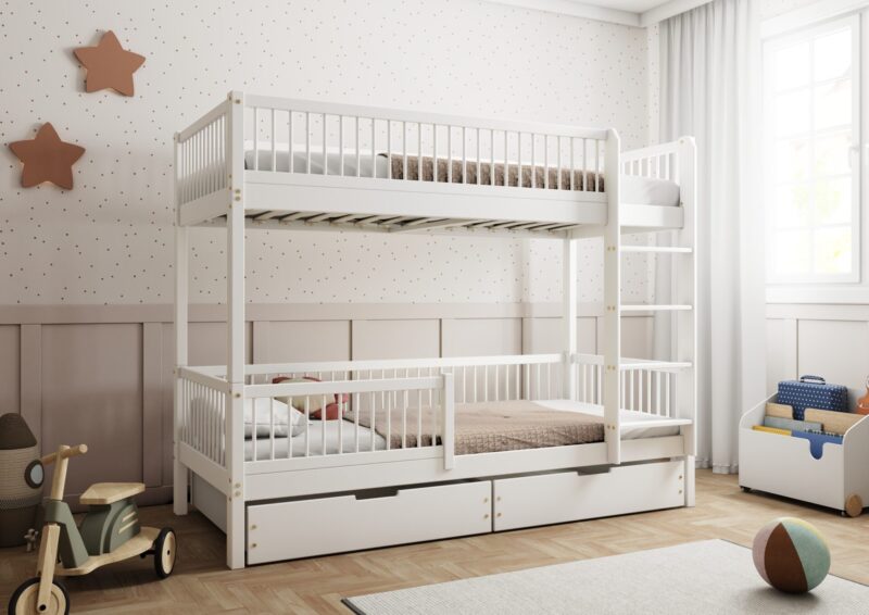 MOLLY BOX drewniane łóżko piętrowe z okrągłymi szczebelkami i szufladami na pościel