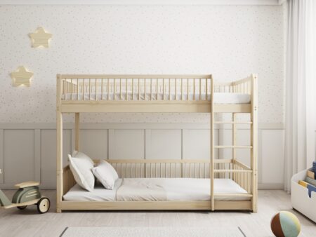 Molly drewniane łóżko piętrowe z okrągłymi szczebelkami na niskich nogach – wysyłka 48h
