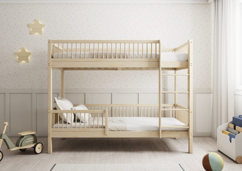 Molly drewniane łóżko piętrowe z okrągłymi szczebelkami na wysokich nogach