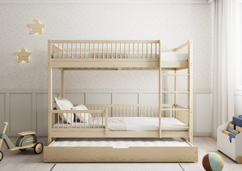 MOLLY DUO drewniane łóżko piętrowe z okrągłymi szczebelkami i szufladą z dodatkowym spaniem