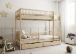MOLLY BOX drewniane łóżko piętrowe z okrągłymi szczebelkami i szufladami na pościel