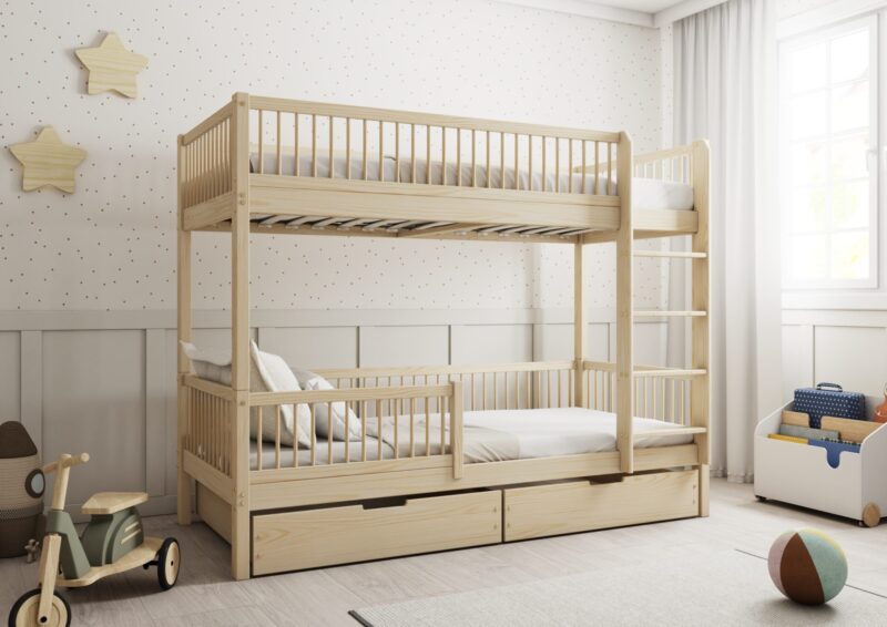 MOLLY BOX drewniane łóżko piętrowe z okrągłymi szczebelkami i szufladami na pościel