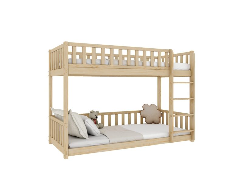 Karo drewniane łóżko piętrowe z barierkami płotek niskie