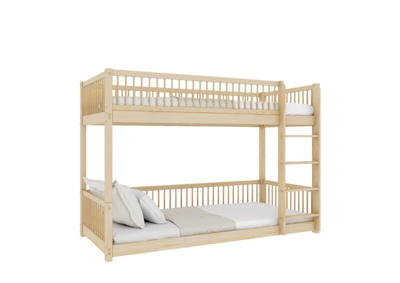 Molly drewniane łóżko piętrowe z okrągłymi szczebelkami na niskich nogach