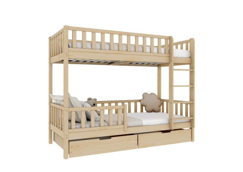 Karo drewniane łóżko piętrowe z barierkami płotek i szufladami na pościel