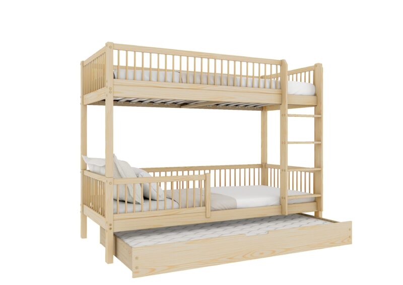 MOLLY DUO drewniane łóżko piętrowe z okrągłymi szczebelkami i szufladą z dodatkowym spaniem
