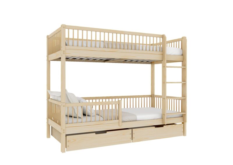 MOLLY BOX drewniane łóżko piętrowe z okrągłymi szczebelkami i szufladami na pościel