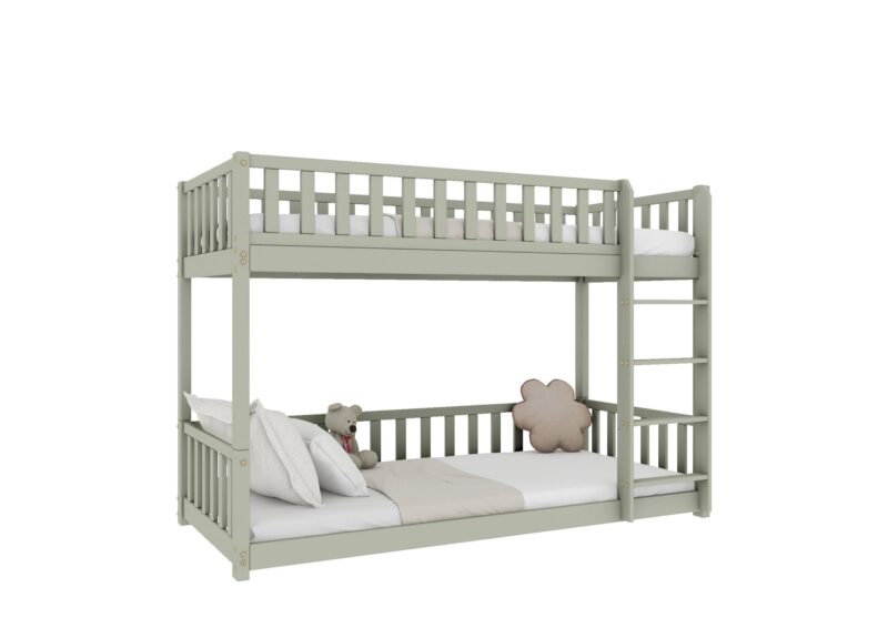 Karo drewniane łóżko piętrowe z barierkami płotek niskie