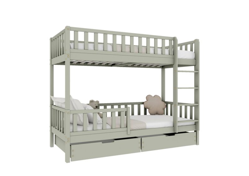 Karo drewniane łóżko piętrowe z barierkami płotek i szufladami na pościel