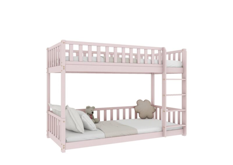 Karo drewniane łóżko piętrowe z barierkami płotek niskie