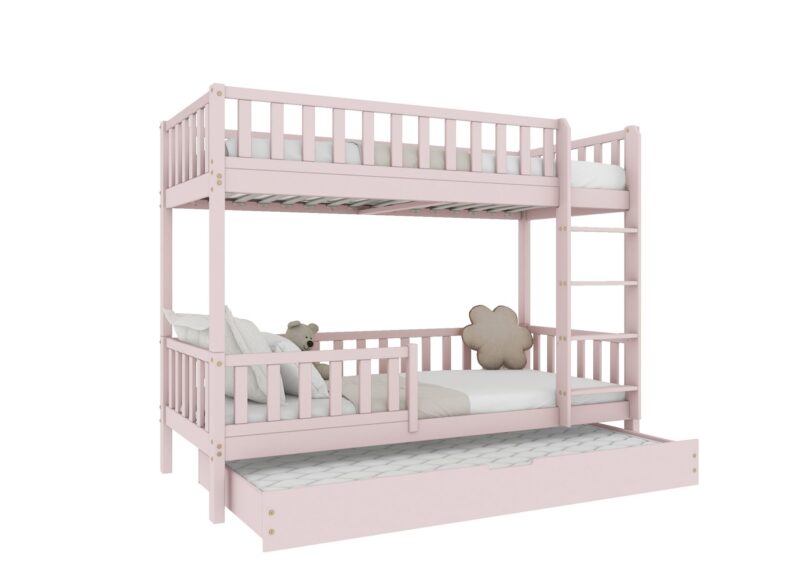 Karo drewniane łóżko piętrowe potrójne z dodatkowym spaniem w szufladzie