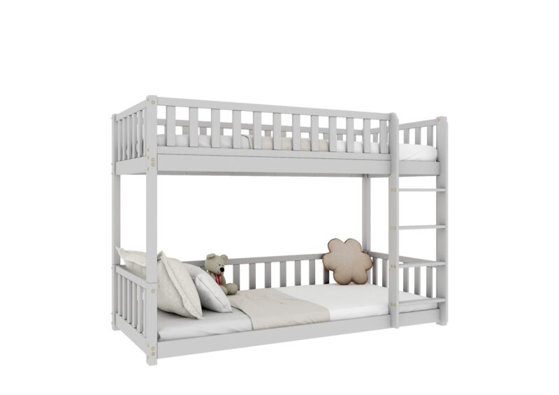 Karo drewniane łóżko piętrowe z barierkami płotek niskie