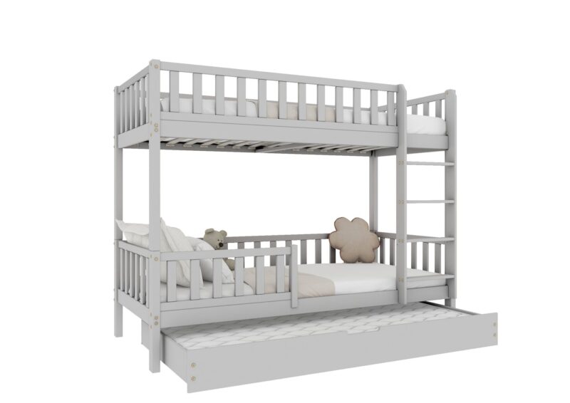 Karo drewniane łóżko piętrowe potrójne z dodatkowym spaniem w szufladzie